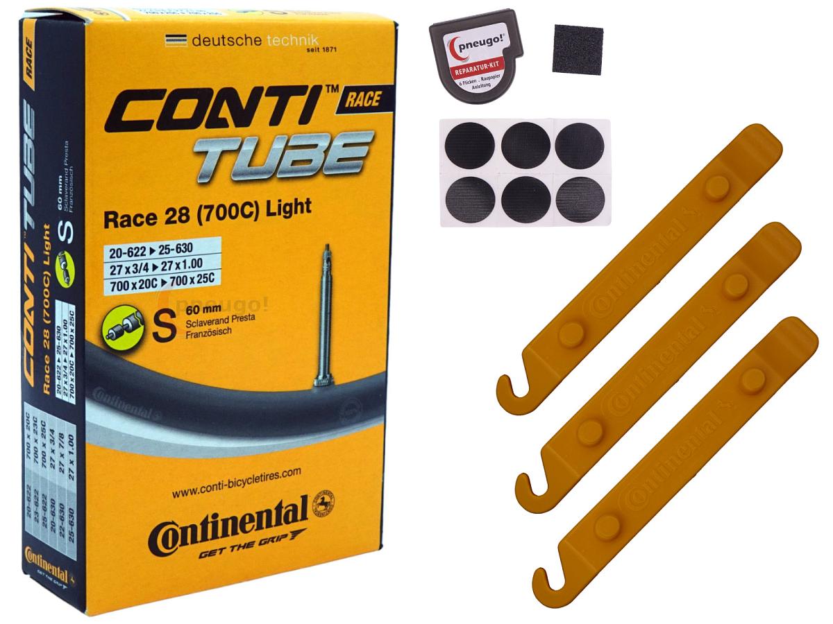 1x Fahrradschlauch Continental Race 28 Light 28 Zoll 20-622/25-630 Sclaverand-Ventil 60mm +3x Conti Reifenheber +pneugo! Reparatur-Kit