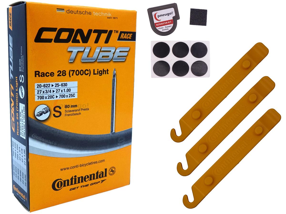 1x Fahrradschlauch Continental Race 28 Light 28 Zoll 20-622/25-630 Sclaverand-Ventil 80mm +3x Conti Reifenheber +pneugo! Reparatur-Kit