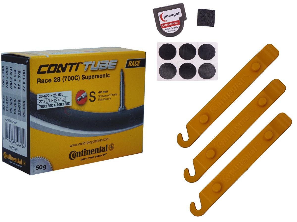 1x Fahrradschlauch Continental Race 28 Supersonic 28 Zoll 20-622/25-630 Sclaverand-Ventil 42mm +3x Conti Reifenheber +pneugo! Reparatur-Kit