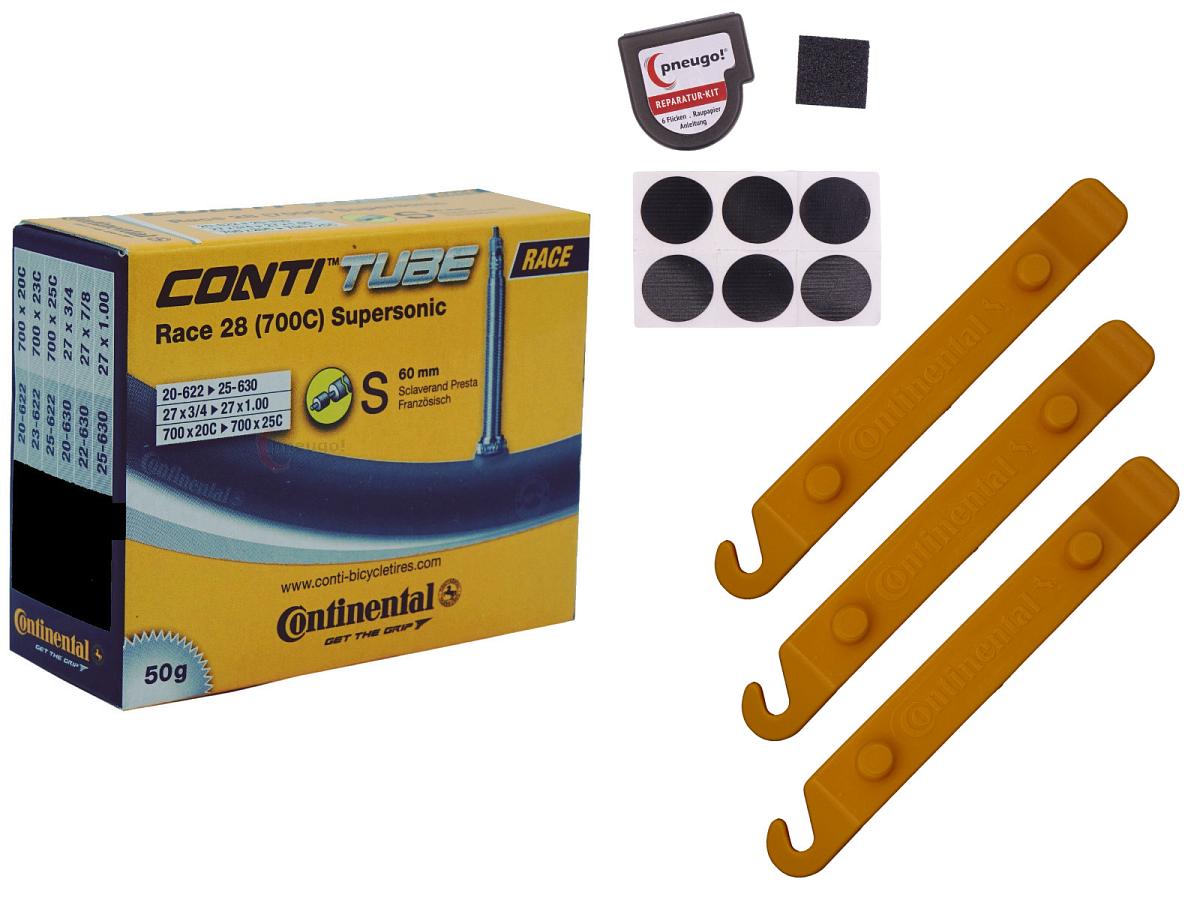 1x Fahrradschlauch Continental Race 28 Supersonic 28 Zoll 20-622/25-630 Sclaverand-Ventil 60mm +3x Conti Reifenheber +pneugo! Reparatur-Kit