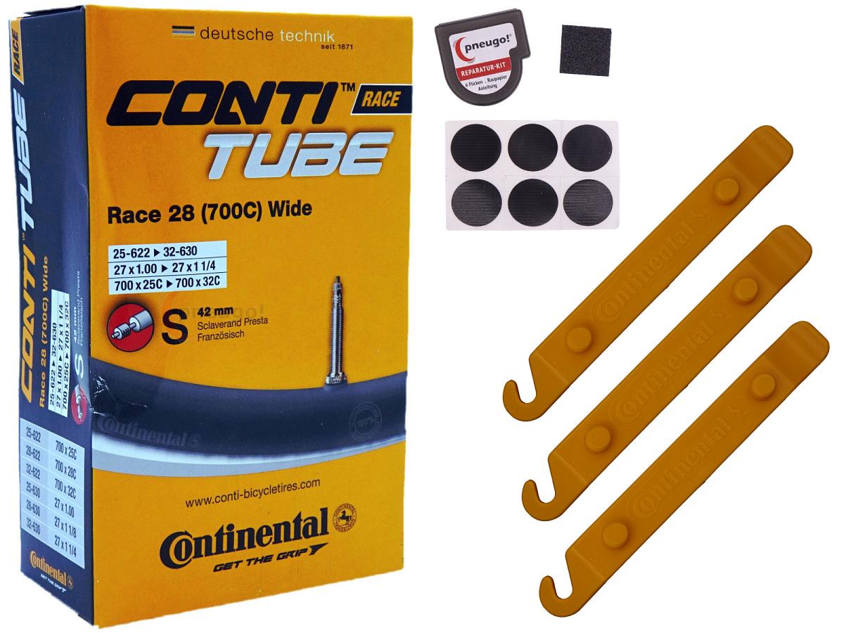 1x Fahrradschlauch Continental Race 28 Wide 28 Zoll 25-622/32-630 Sclaverand-Ventil 42mm +3x Conti Reifenheber +pneugo! Reparatur-Kit