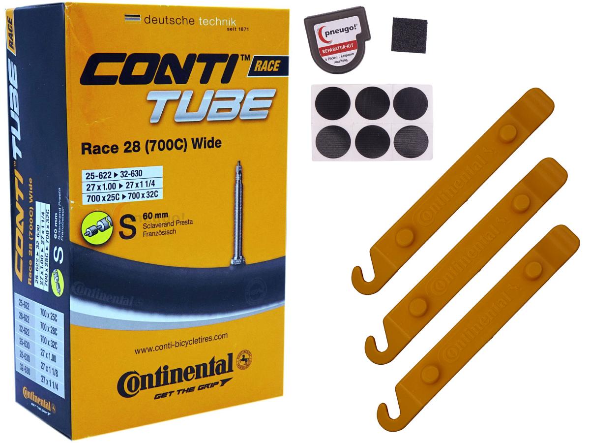 1x Fahrradschlauch Continental Race 28 Wide 28 Zoll 25-622/32-630 Sclaverand-Ventil 60mm +3x Conti Reifenheber +pneugo! Reparatur-Kit