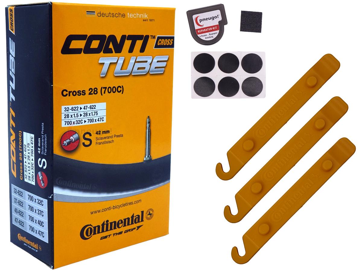 1x Fahrradschlauch Continental Cross 28 28 Zoll 32-622/47-622 Sclaverand-Ventil 42mm +3x Conti Reifenheber +pneugo! Reparatur-Kit