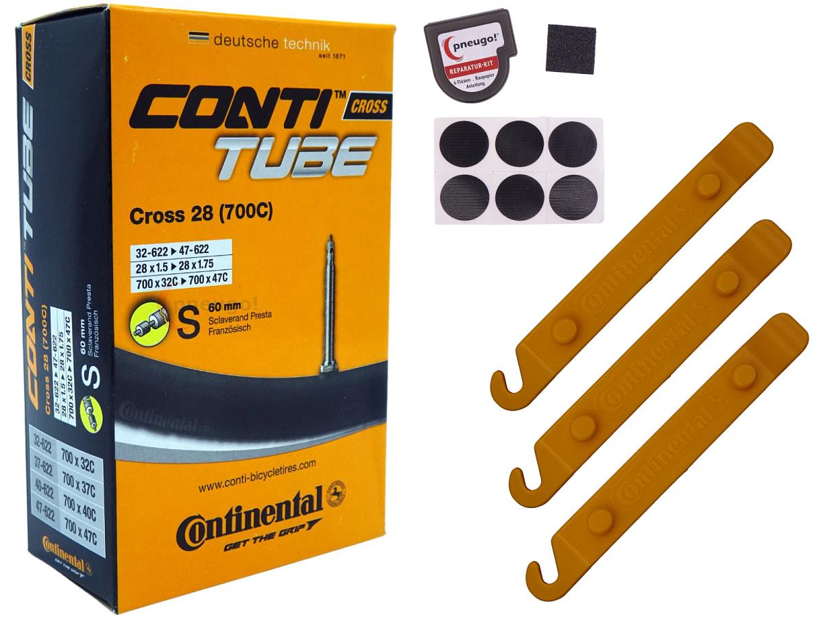 1x Fahrradschlauch Continental Cross 28 28 Zoll 32-622/47-622 Sclaverand-Ventil 60mm +3x Conti Reifenheber +pneugo! Reparatur-Kit