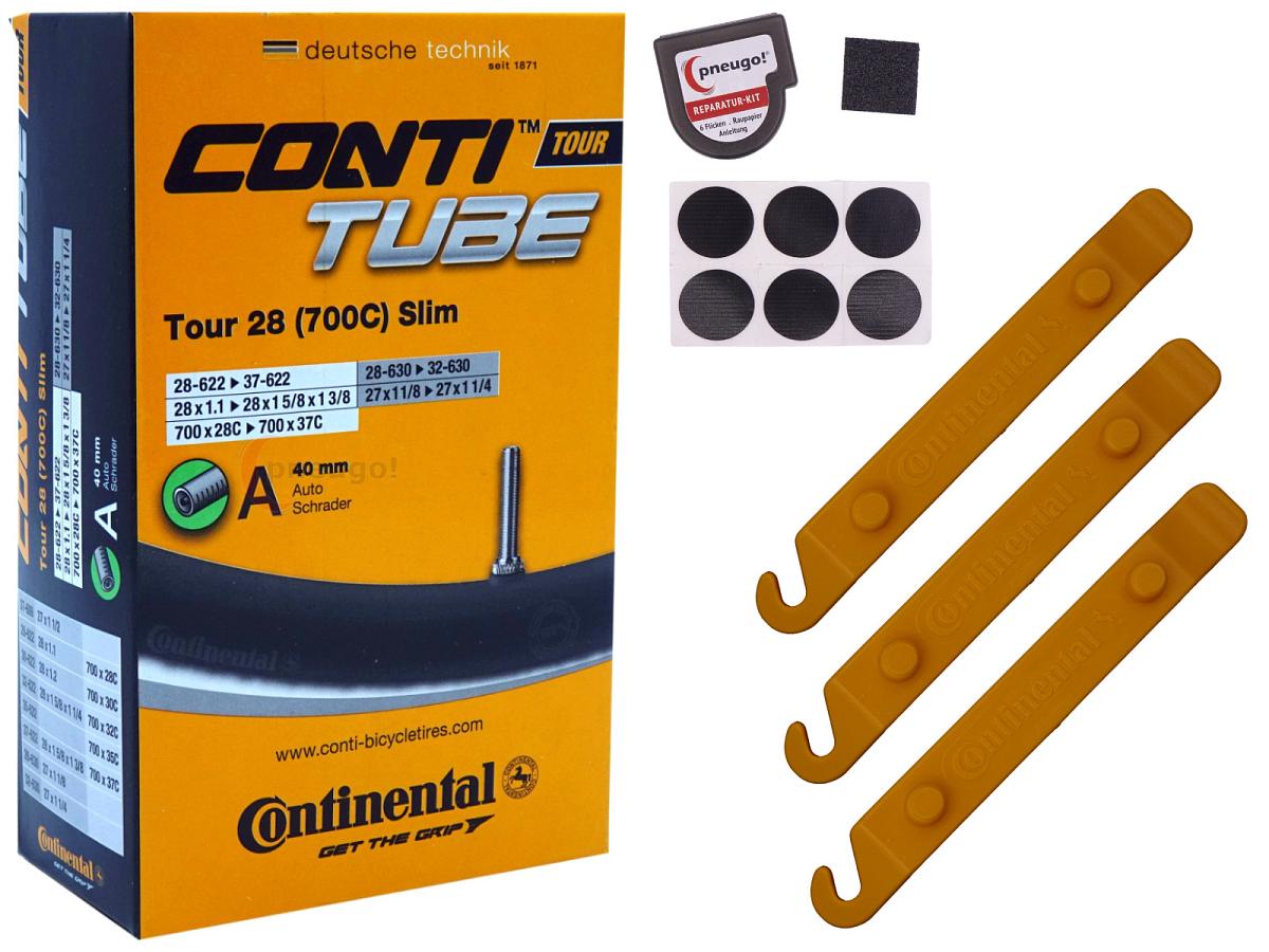 1x Fahrradschlauch Continental Tour 28 Slim 28 Zoll 28-622/37-622 Auto-Ventil 40mm +3x Conti Reifenheber +pneugo! Reparatur-Kit