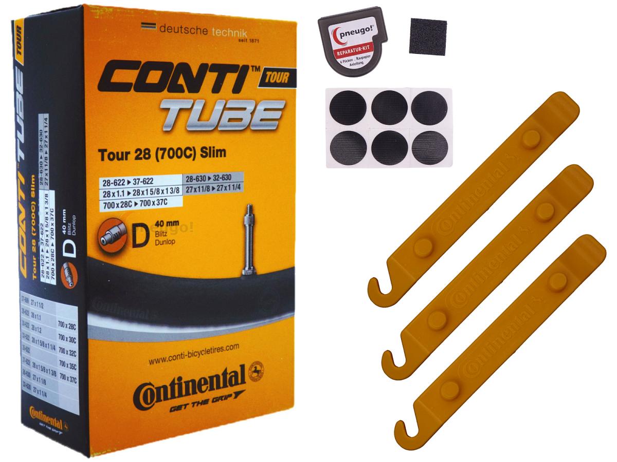 1x Fahrradschlauch Continental Tour 28 Slim 28 Zoll 28-622/37-622 Dunlop-Ventil 40mm +3x Conti Reifenheber +pneugo! Reparatur-Kit