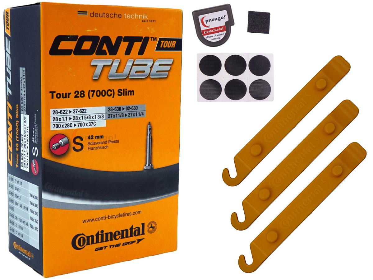 1x Fahrradschlauch Continental Tour 28 Slim 28 Zoll 28-622/37-622 Sclaverand-Ventil 42mm +3x Conti Reifenheber +pneugo! Reparatur-Kit