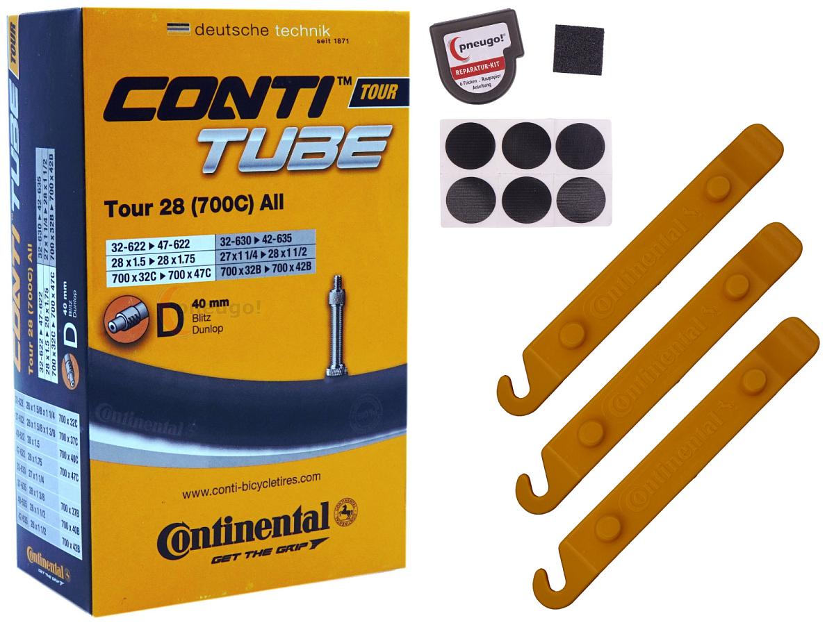 1x Fahrradschlauch Continental Tour 28 All 28 Zoll 32-622/47-622 Dunlop-Ventil 40mm +3x Conti Reifenheber +pneugo! Reparatur-Kit