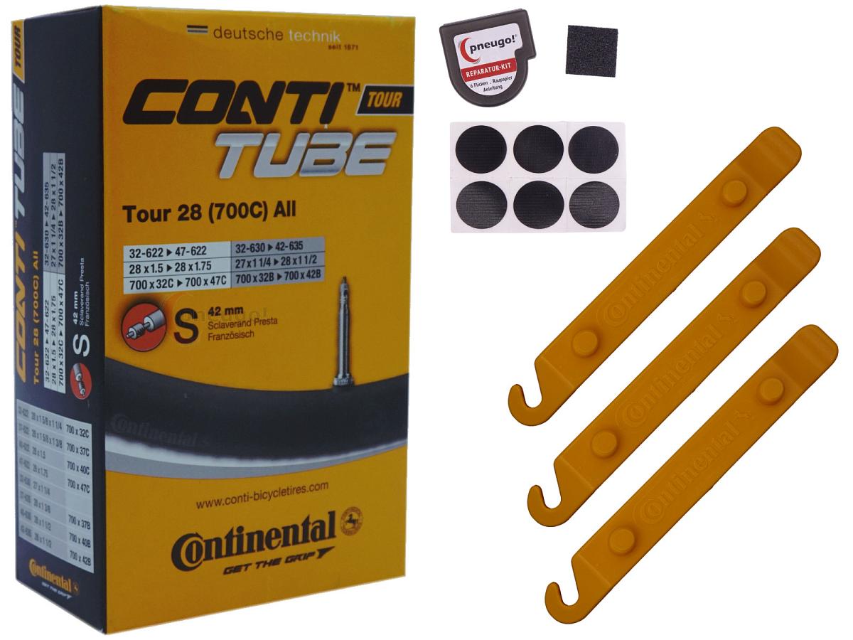 1x Fahrradschlauch Continental Tour 28 All 28 Zoll 32-622/47-622 Sclaverand-Ventil 42mm +3x Conti Reifenheber +pneugo! Reparatur-Kit