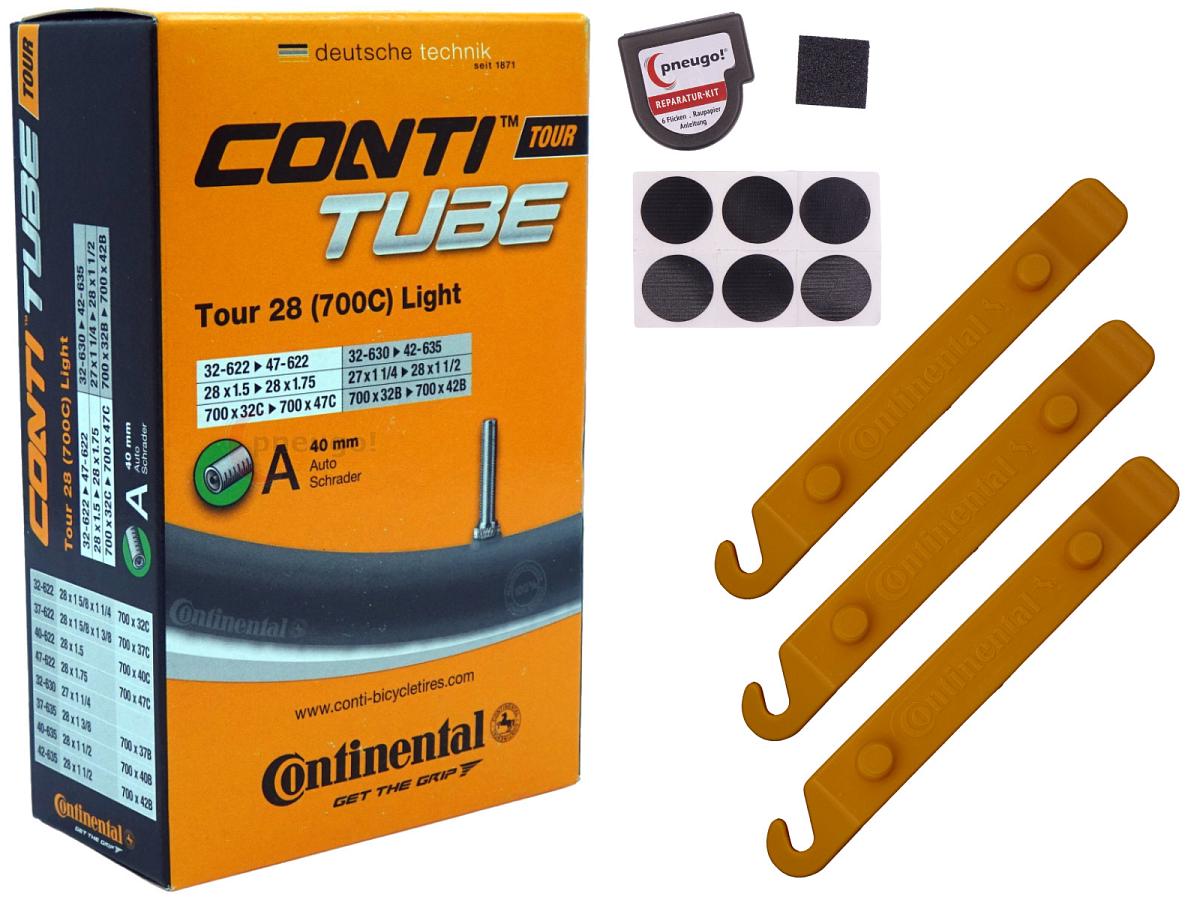 1x Fahrradschlauch Continental Tour 28 Light 28 Zoll 32-622/47-622 Auto-Ventil 40mm +3x Conti Reifenheber +pneugo! Reparatur-Kit