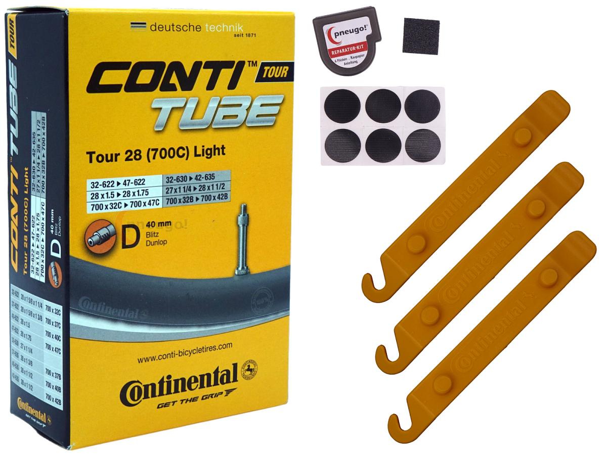 1x Fahrradschlauch Continental Tour 28 Light 28 Zoll 32-622/47-622 Dunlop-Ventil 40mm +3x Conti Reifenheber +pneugo! Reparatur-Kit