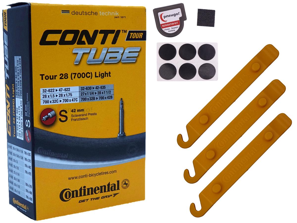 1x Fahrradschlauch Continental Tour 28 Light 28 Zoll 32-622/47-622 Sclaverand-Ventil 42mm +3x Conti Reifenheber +pneugo! Reparatur-Kit