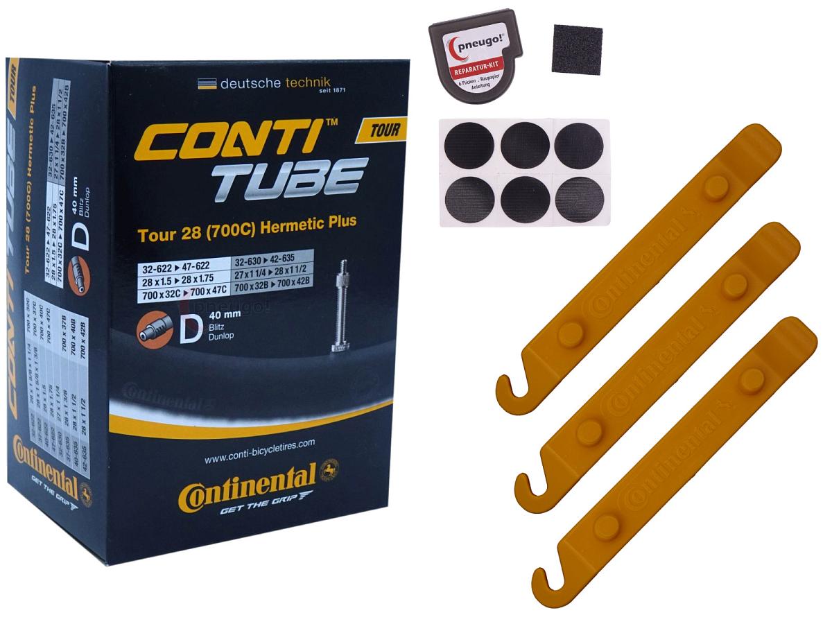 1x Fahrradschlauch Continental Hermetic Plus Tour 28 All 28 Zoll 32-622/47-622 Dunlop-Ventil 40mm +3x Conti Reifenheber +pneugo! Reparatur-Kit