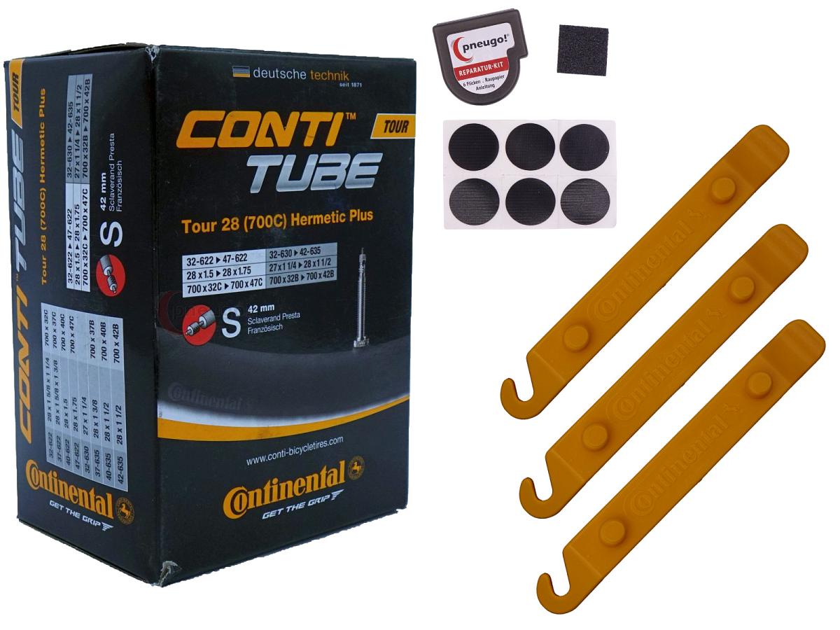 1x Fahrradschlauch Continental Hermetic Plus Tour 28 All 28 Zoll 32-622/47-622 Sclaverand-Ventil 42mm +3x Conti Reifenheber +pneugo! Reparatur-Kit