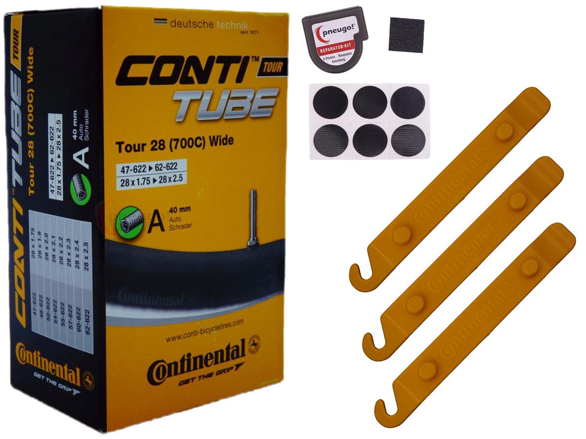 1x Fahrradschlauch Continental Tour 28 Wide 28 Zoll 47-622/62-622 Auto-Ventil 40mm +3x Conti Reifenheber +pneugo! Reparatur-Kit