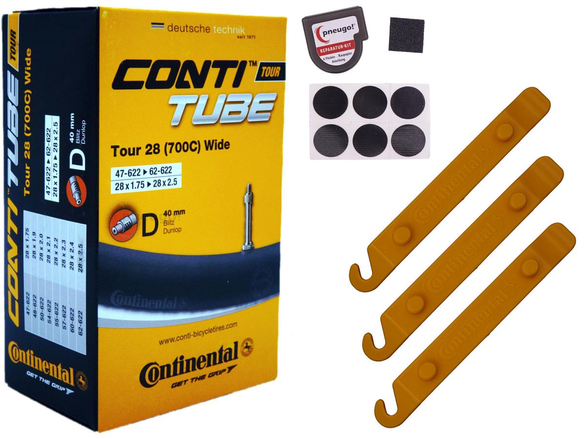 1x Fahrradschlauch Continental Tour 28 Wide 28 Zoll 47-622/62-622 Dunlop-Ventil 40mm +3x Conti Reifenheber +pneugo! Reparatur-Kit