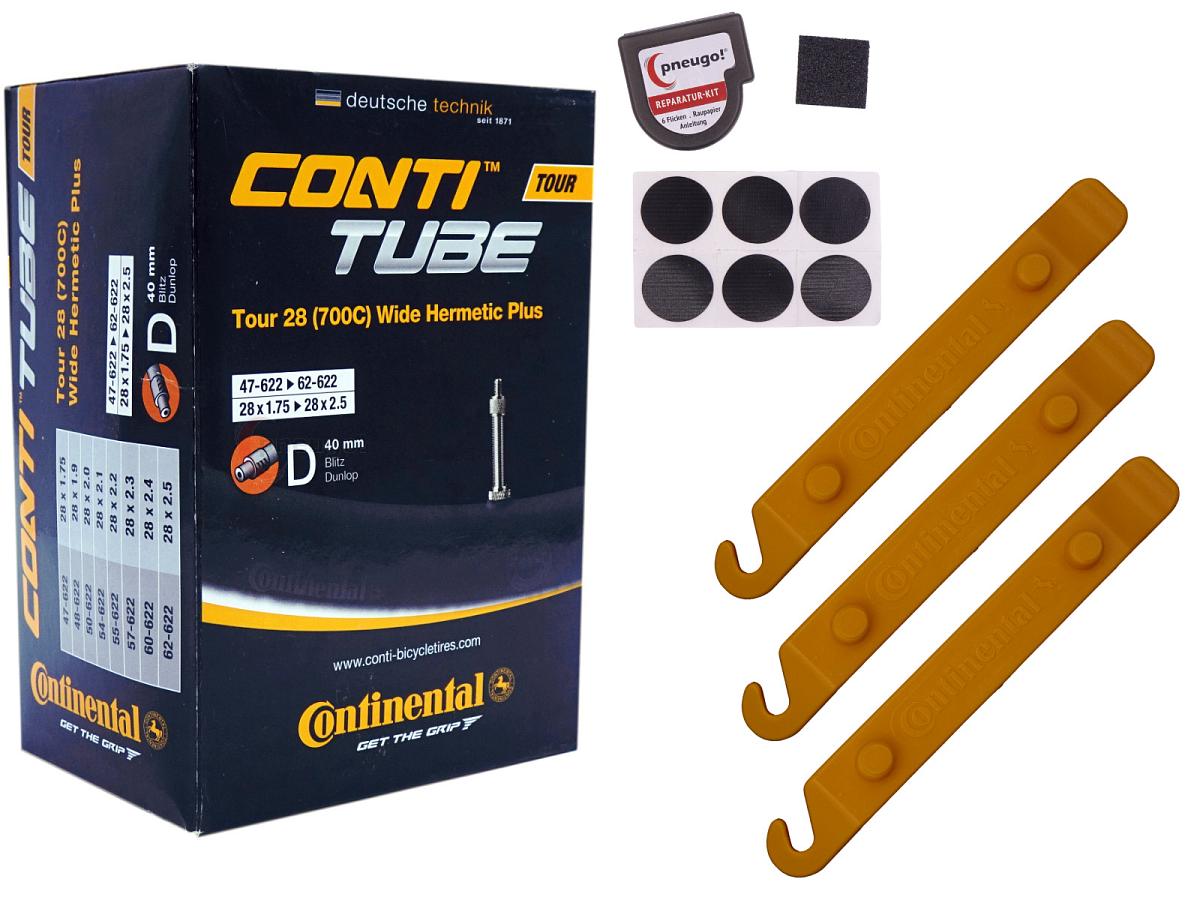 1x Fahrradschlauch Continental Hermetic Plus Tour 28 Wide 28 Zoll 47-622/62-622 Dunlop-Ventil 40mm +3x Conti Reifenheber +pneugo! Reparatur-Kit