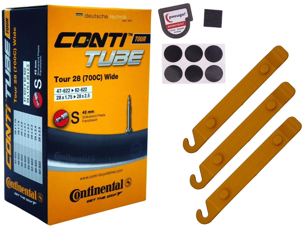 1x Fahrradschlauch Continental Tour 28 Wide 28 Zoll 47-622/62-622 Sclaverand-Ventil 42mm +3x Conti Reifenheber +pneugo! Reparatur-Kit