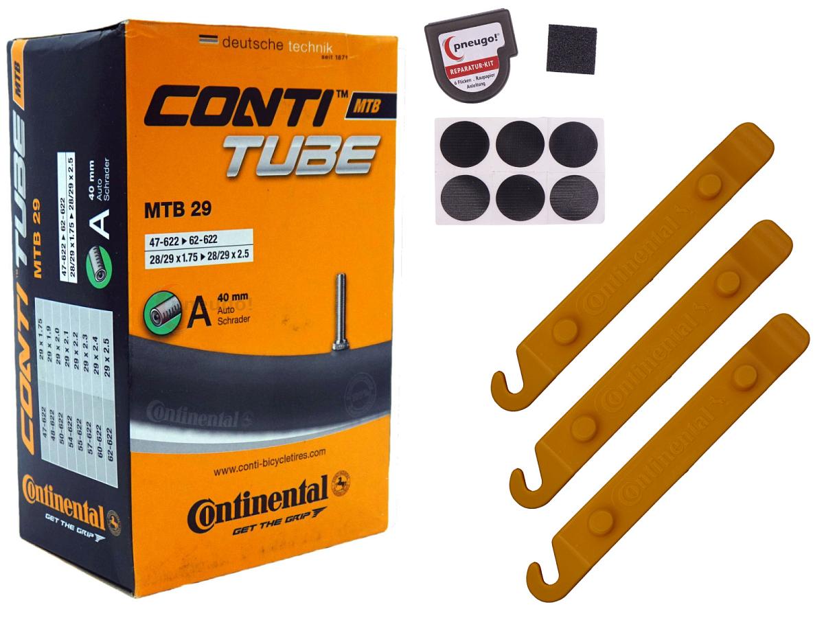 1x Fahrradschlauch Continental MTB 29 29 Zoll 47-622/62-622 Auto-Ventil 40mm +3x Conti Reifenheber +pneugo! Reparatur-Kit