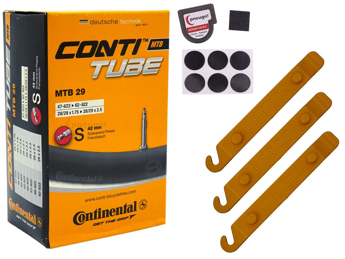 1x Fahrradschlauch Continental MTB 28+29 Zoll 47-622/62-622 Sclaverand-Ventil 42mm +3x Conti Reifenheber +pneugo! Reparatur-Kit