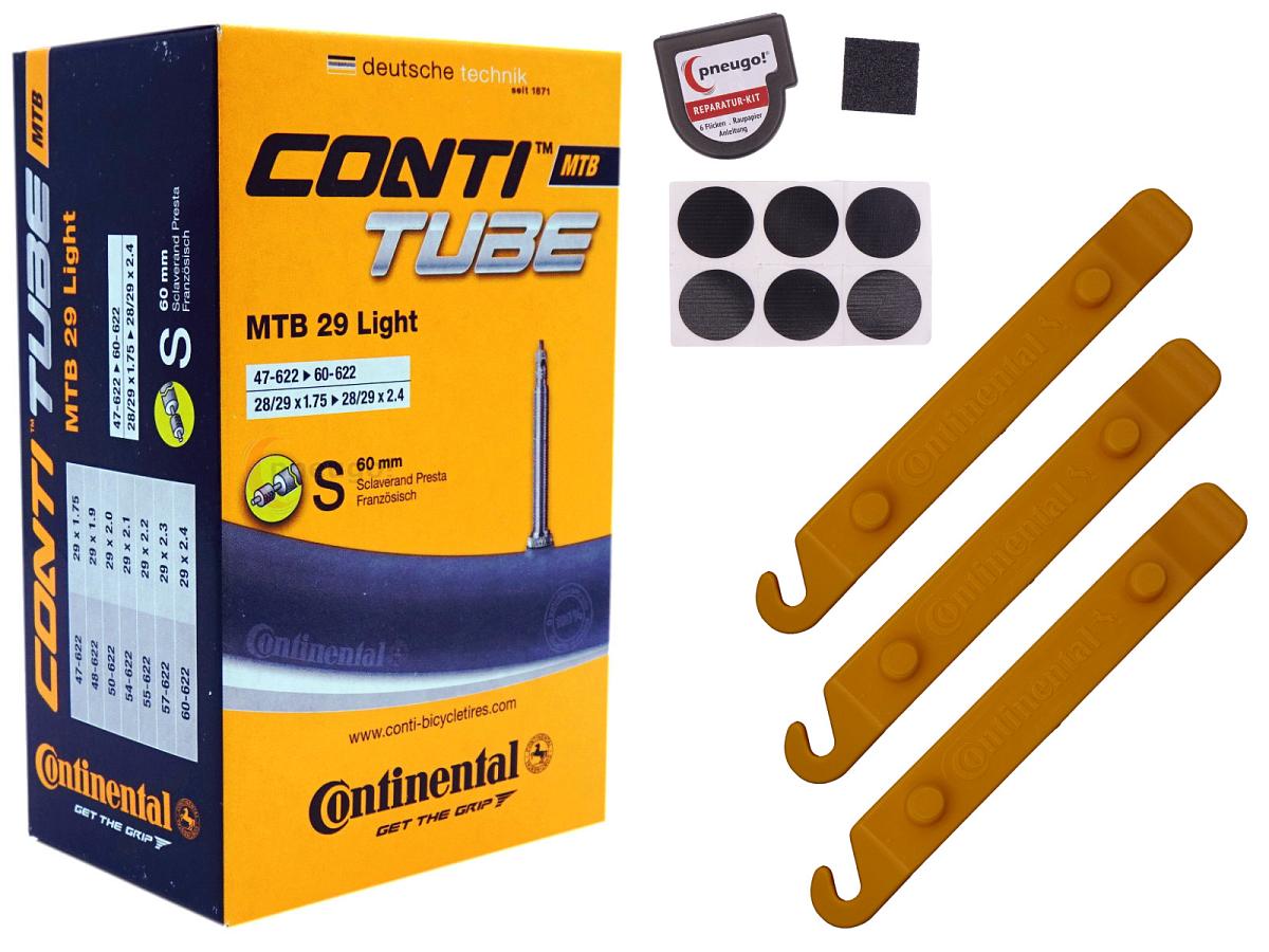 1x Fahrradschlauch Continental MTB 29 Light 29 Zoll 47-622/60-622 Sclaverand-Ventil 60mm +3x Conti Reifenheber +pneugo! Reparatur-Kit