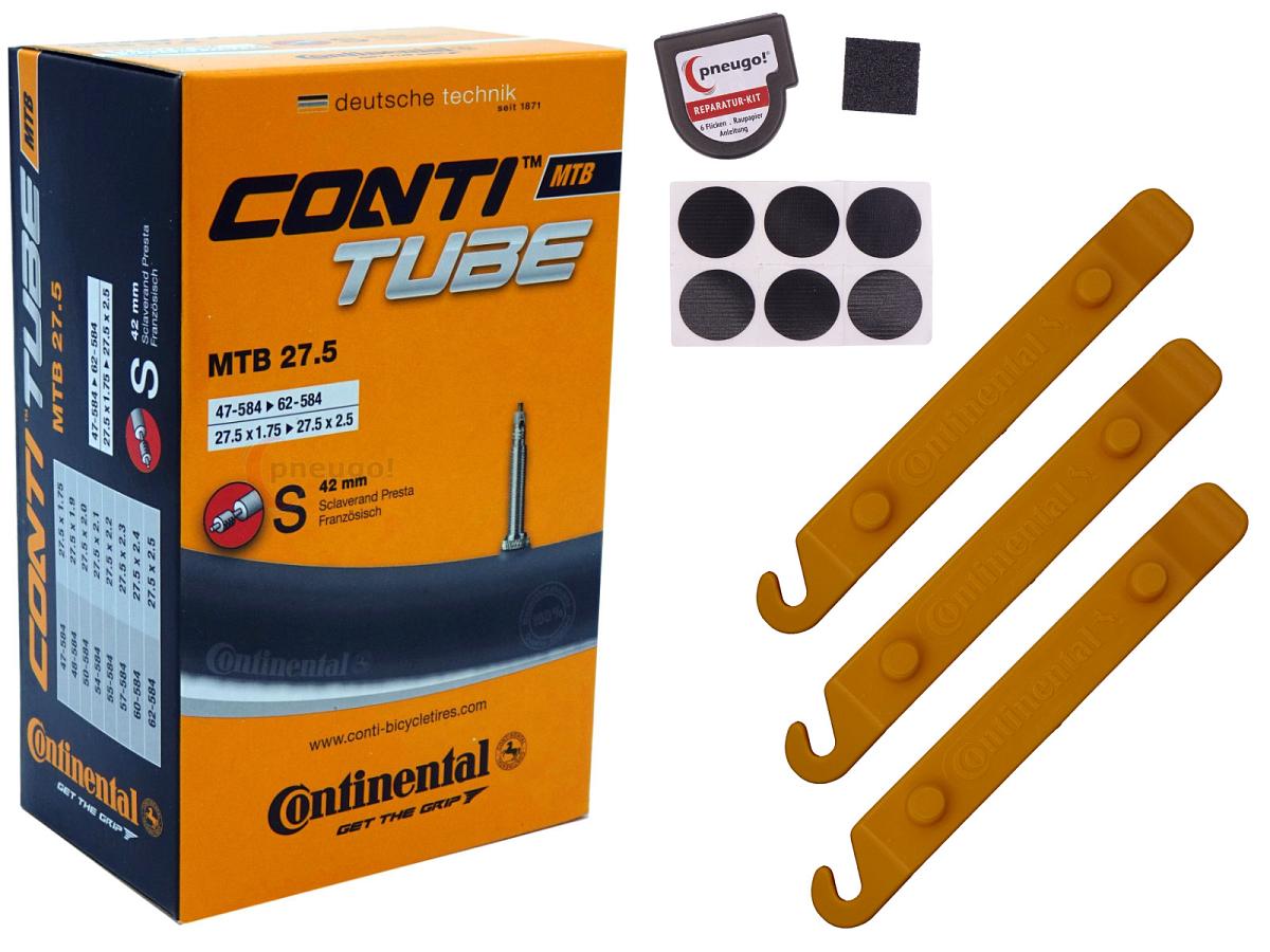 1x Fahrradschlauch Continental MTB 27.5 27.5 Zoll 47-584/62-584 Sclaverand-Ventil 42mm +3x Conti Reifenheber +pneugo! Reparatur-Kit