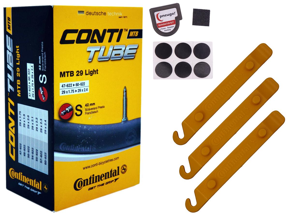 1x Fahrradschlauch Continental MTB 29 Light 29 Zoll 47-622/60-622 Sclaverand-Ventil 42mm +3x Conti Reifenheber +pneugo! Reparatur-Kit