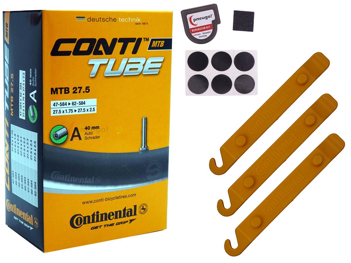 1x Fahrradschlauch Continental MTB 27.5 27.5 Zoll 47-584/62-584 Auto-Ventil 40mm +3x Conti Reifenheber +pneugo! Reparatur-Kit