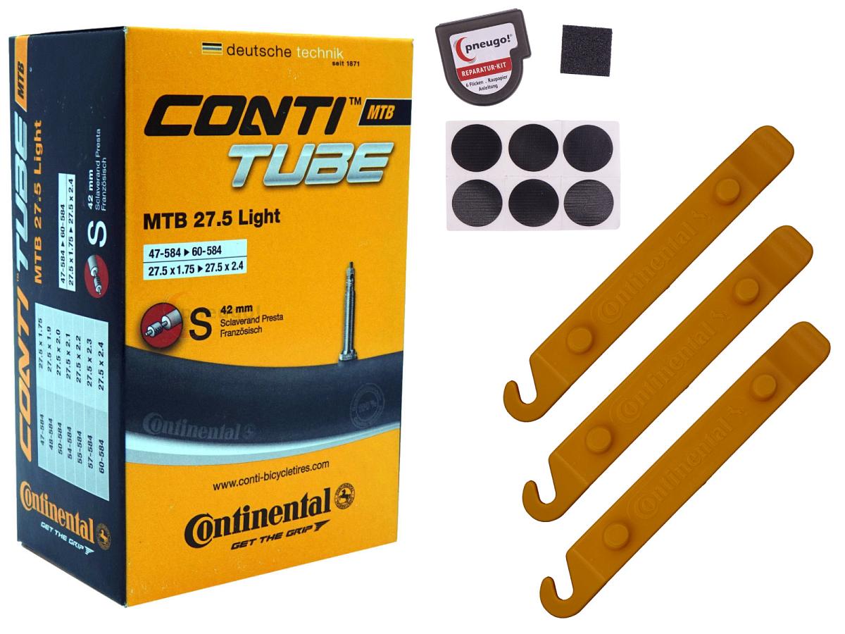 1x Fahrradschlauch Continental MTB 27.5 Light 27.5 Zoll 47-584/60-584 Sclaverand-Ventil 42mm +3x Conti Reifenheber +pneugo! Reparatur-Kit