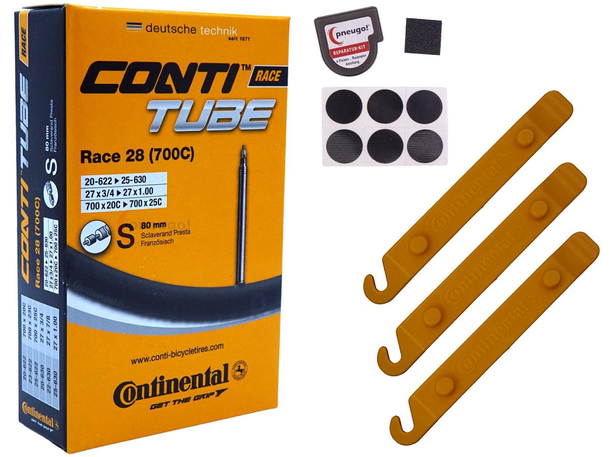 1x Fahrradschlauch Continental Race 28 28 Zoll 20-622/25-630 Sclaverand-Ventil 80mm +3x Conti Reifenheber +pneugo! Reparatur-Kit