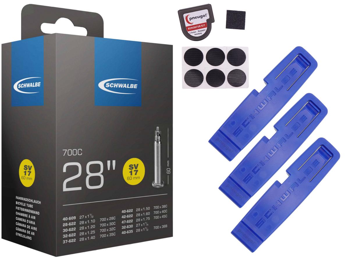 1x Fahrradschlauch Schwalbe SV17 28 Zoll 28-622/47-622 Sclaverand-Ventil 60mm +3x Schwalbe Reifenheber +pneugo! Reparatur-Kit