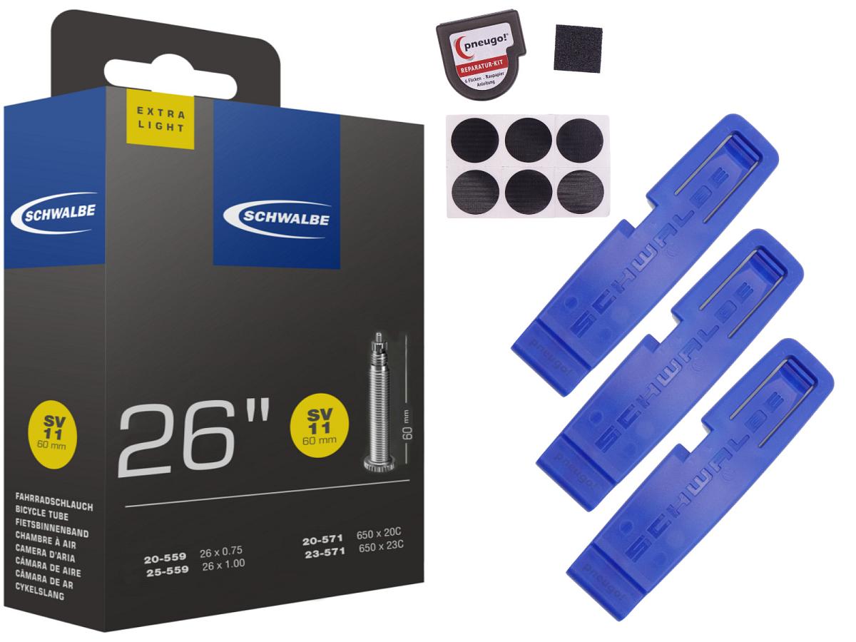 1x Fahrradschlauch Schwalbe SV11 26 Zoll 20-559/25-559 Sclaverand-Ventil 60mm +3x Schwalbe Reifenheber +pneugo! Reparatur-Kit