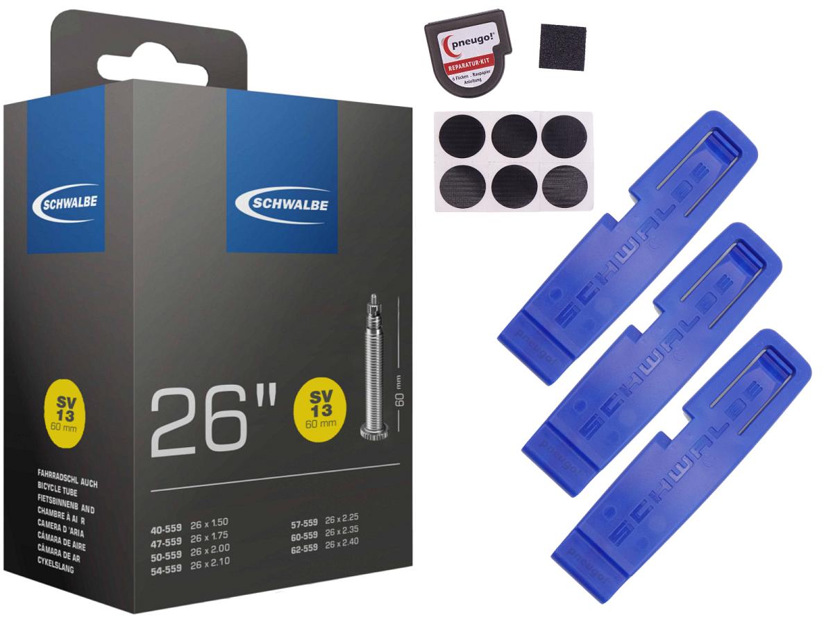 1x Fahrradschlauch Schwalbe SV13 26 Zoll 40-559/62-559 Sclaverand-Ventil 60mm +3x Schwalbe Reifenheber +pneugo! Reparatur-Kit