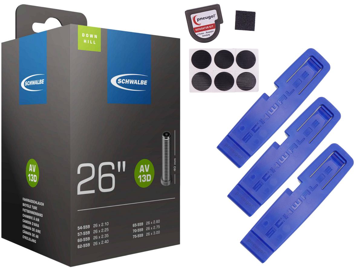 1x Fahrradschlauch Schwalbe AV13D 26 Zoll 54-559/75-559 Auto-Ventil 40mm +3x Schwalbe Reifenheber +pneugo! Reparatur-Kit