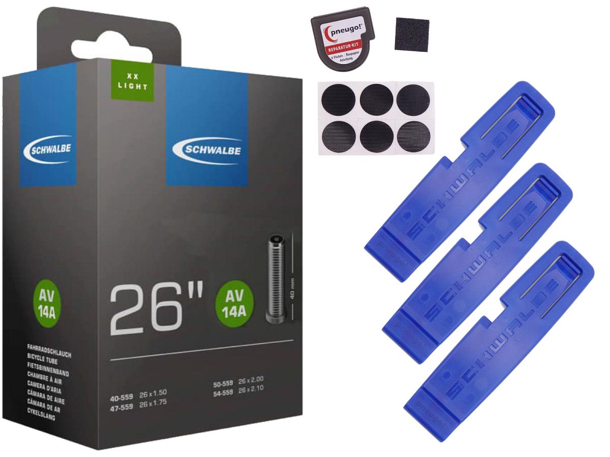 1x Fahrradschlauch Schwalbe AV14A 26 Zoll 40-559/57-559 Auto-Ventil 40mm +3x Schwalbe Reifenheber +pneugo! Reparatur-Kit