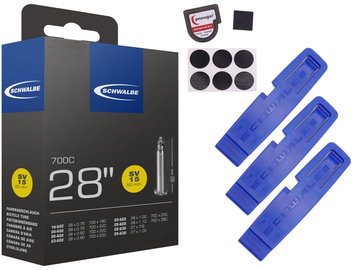 1x Fahrradschlauch Schwalbe SV15 28 Zoll 18-622/28-622 Sclaverand-Ventil 60mm +3x Schwalbe Reifenheber +pneugo! Reparatur-Kit