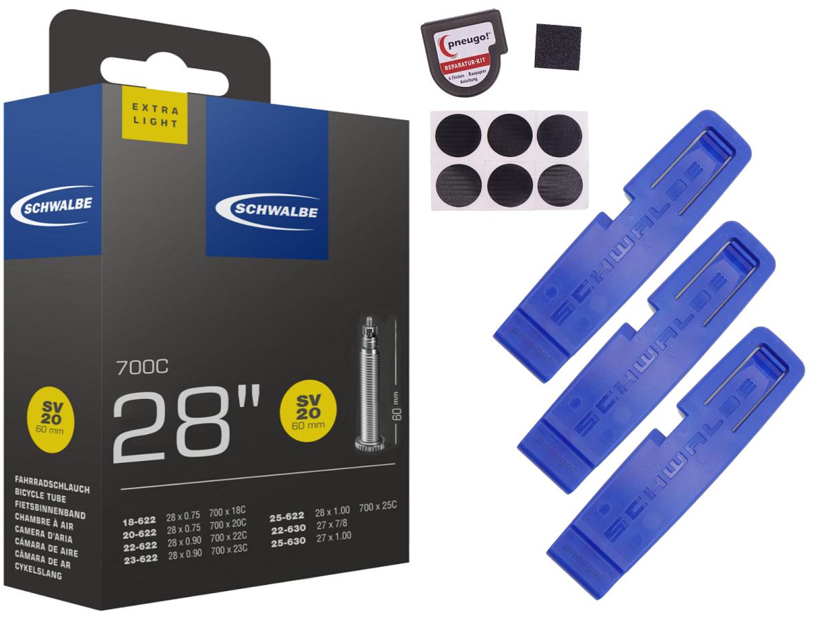 1x Fahrradschlauch Schwalbe SV20 28 Zoll 18-622/25-630 Sclaverand-Ventil 60mm +3x Schwalbe Reifenheber +pneugo! Reparatur-Kit