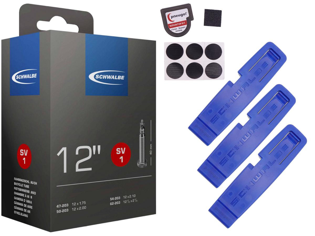 1x Fahrradschlauch Schwalbe SV1 12 Zoll 47-203/62-203 Sclaverand-Ventil 40mm +3x Schwalbe Reifenheber +pneugo! Reparatur-Kit