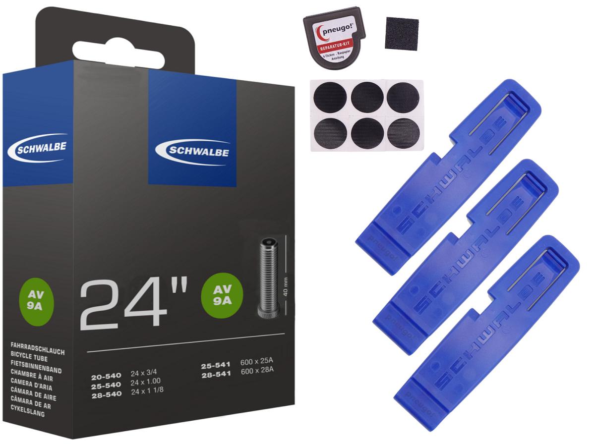 1x Fahrradschlauch Schwalbe AV9A 24 Zoll 20-540/28-541 Auto-Ventil 40mm +3x Schwalbe Reifenheber +pneugo! Reparatur-Kit