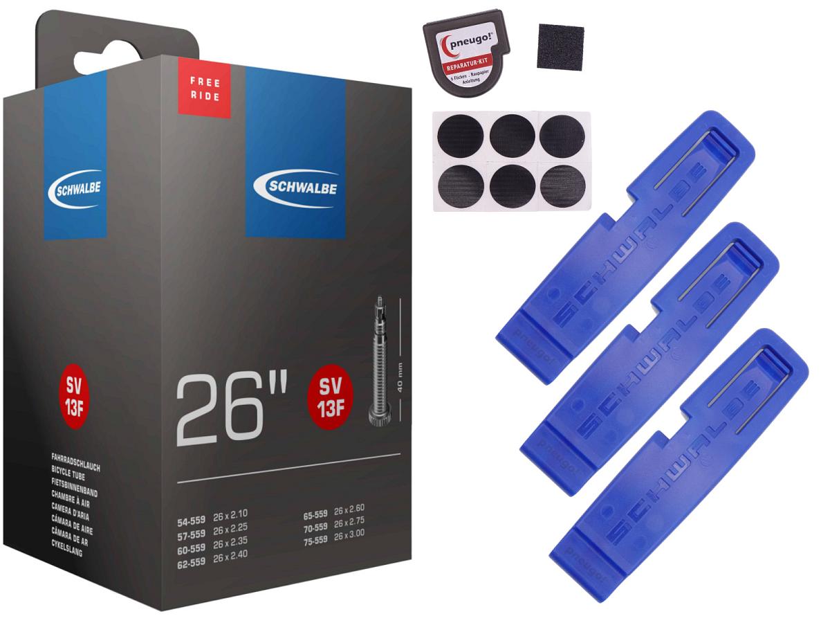 1x Fahrradschlauch Schwalbe SV13F 26 Zoll 54-559/75-559 Sclaverand-Ventil 40mm +3x Schwalbe Reifenheber +pneugo! Reparatur-Kit