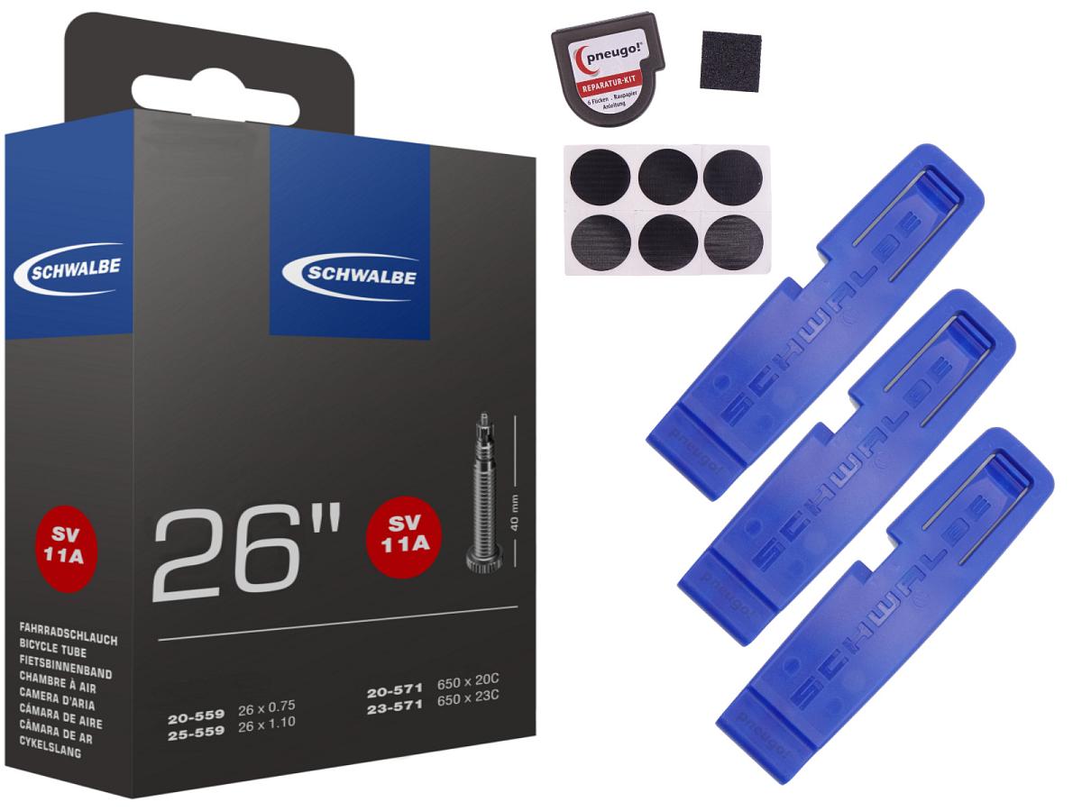 1x Fahrradschlauch Schwalbe SV11A 26 Zoll 20-559/25-559 Sclaverand-Ventil 40mm +3x Schwalbe Reifenheber +pneugo! Reparatur-Kit