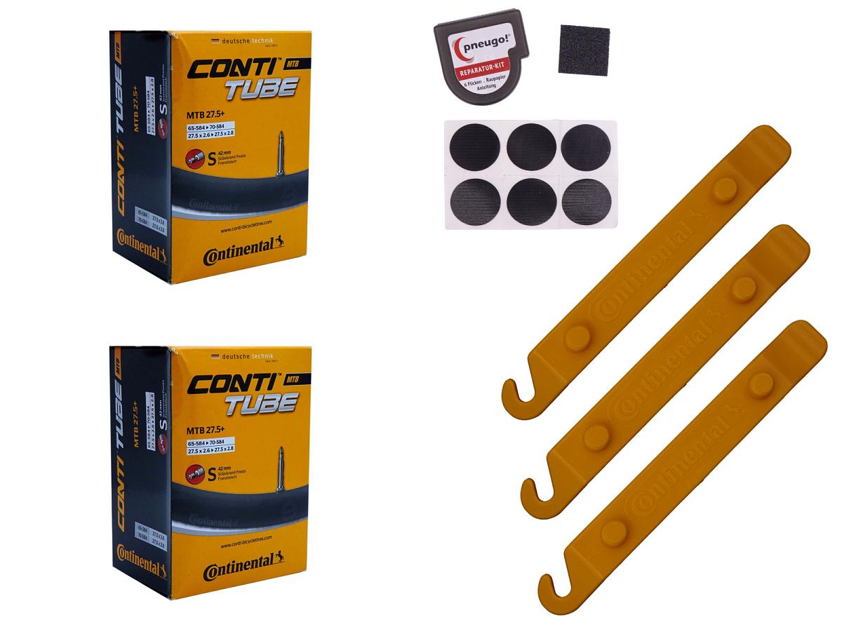 2x Fahrradschlauch Continental MTB 27.5 Wide 27.5 Zoll 65-584/70-584 Sclaverand-Ventil 42mm +3x Conti Reifenheber +pneugo! Reparatur-Kit