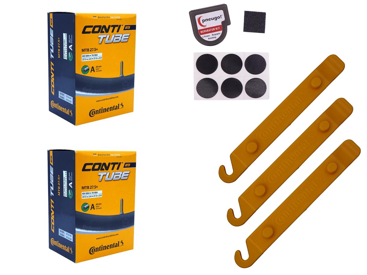 2x Fahrradschlauch Continental MTB 27.5 Wide 27.5 Zoll 65-584/70-584 Auto-Ventil 40mm +3x Conti Reifenheber +pneugo! Reparatur-Kit