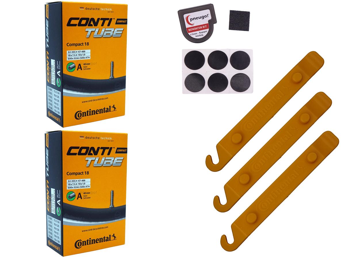 2x Fahrradschlauch Continental Compact 18 18 Zoll 32-355/47-355 Auto-Ventil 40mm +3x Conti Reifenheber +pneugo! Reparatur-Kit