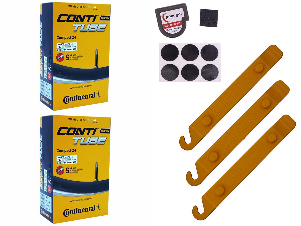 2x Fahrradschlauch Continental Compact 24 24 Zoll 32-507/47-554 Sclaverand-Ventil 42mm +3x Conti Reifenheber +pneugo! Reparatur-Kit