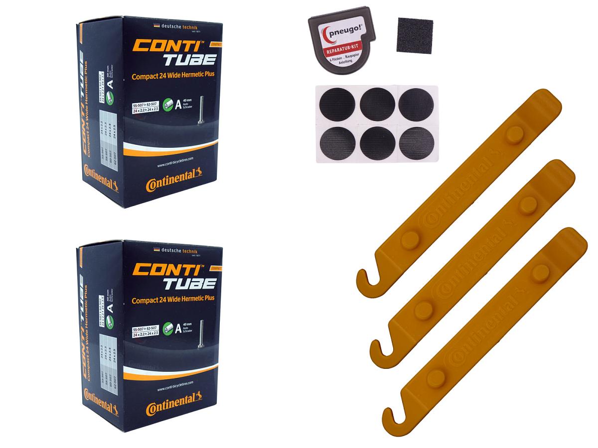 2x Fahrradschlauch Continental Hermetic Plus Compact 24 Wide 24 Zoll 55-507/62-507 Auto-Ventil 40mm +3x Conti Reifenheber +pneugo! Reparatur-Kit