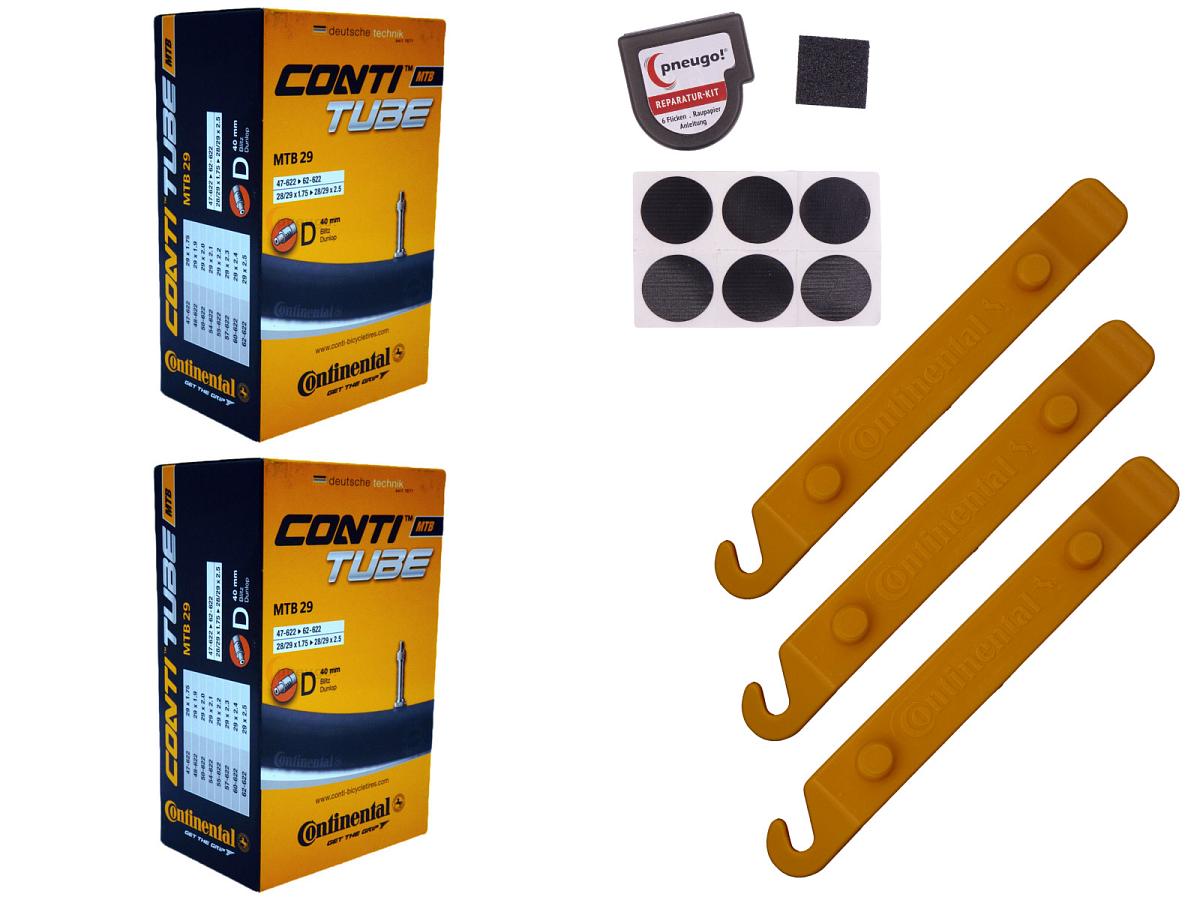 2x Fahrradschlauch Continental MTB 29 29 Zoll 47-622/62-622 Dunlop-Ventil 40mm +3x Conti Reifenheber +pneugo! Reparatur-Kit