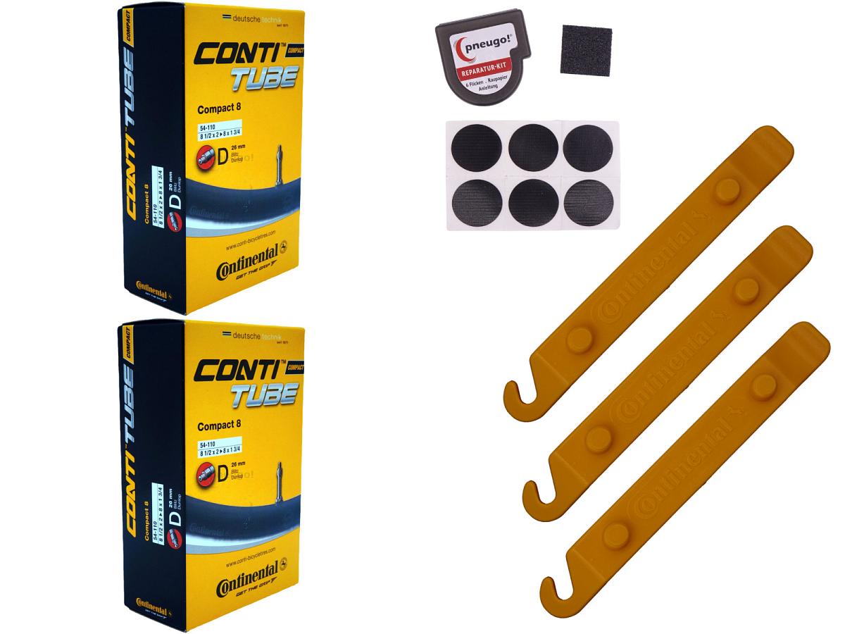 2x Fahrradschlauch Continental Compact 8 8 Zoll 54-110 Dunlop-Ventil 26mm +3x Conti Reifenheber +pneugo! Reparatur-Kit