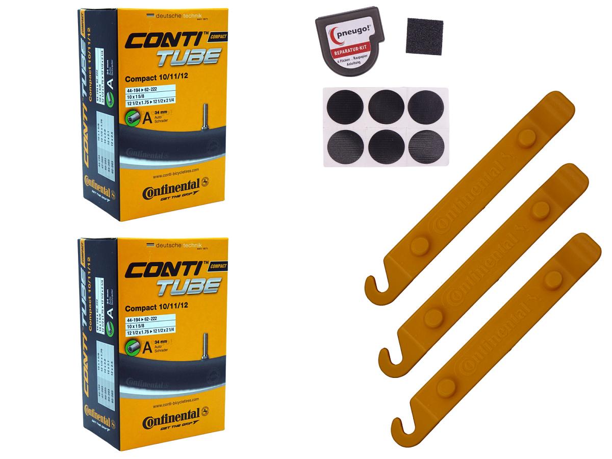 2x Fahrradschlauch Continental Compact 10/11/12 12 Zoll 44-194/62-203 Auto-Ventil 34mm +3x Conti Reifenheber +pneugo! Reparatur-Kit