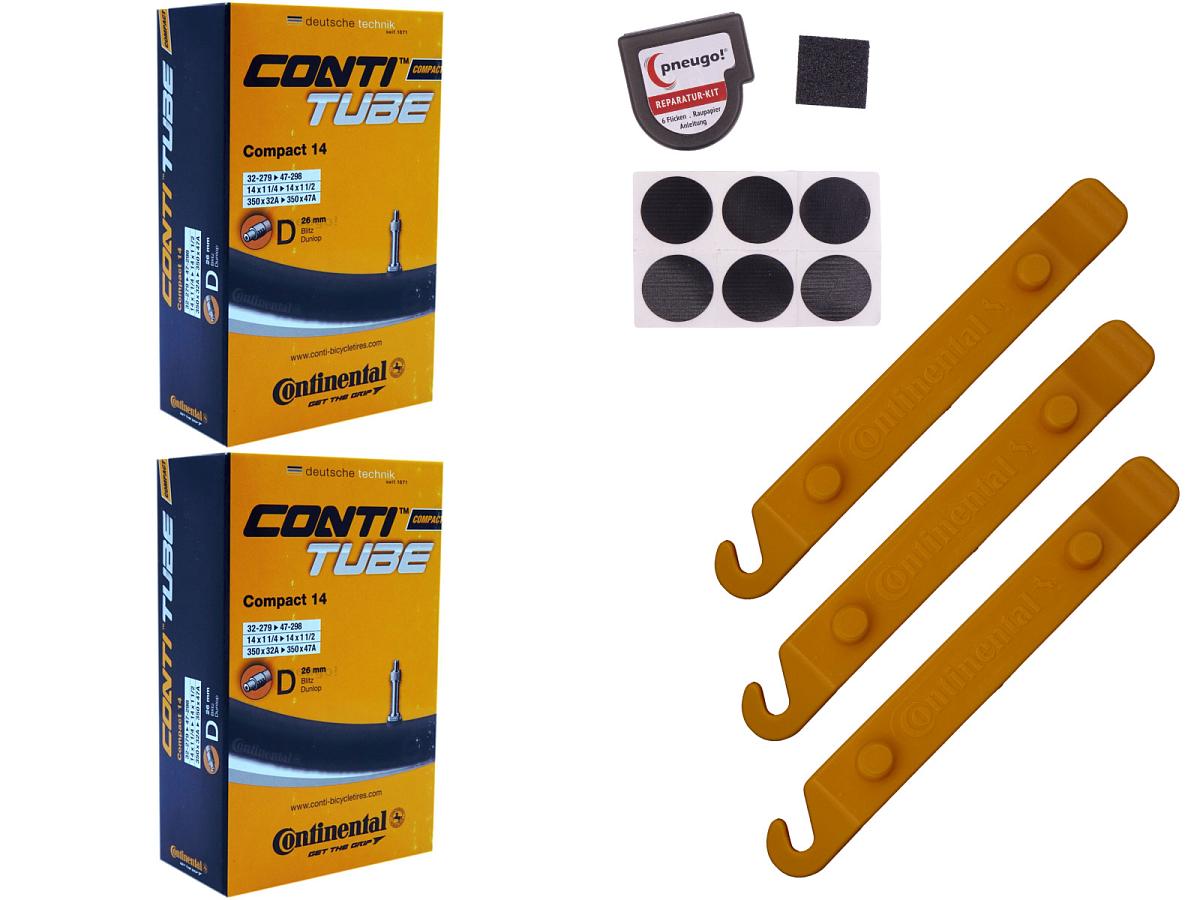 2x Fahrradschlauch Continental Compact 14 14 Zoll 32-279/47-298 Dunlop-Ventil 26mm +3x Conti Reifenheber +pneugo! Reparatur-Kit